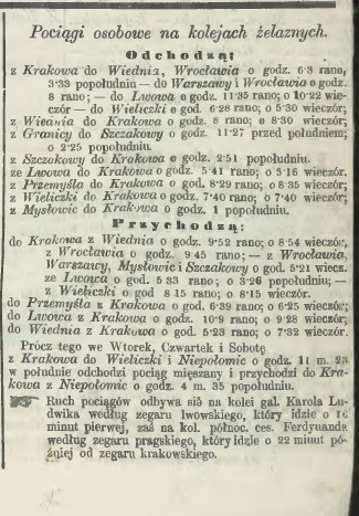 Informacja prasowa o odjazdach pociągów - Czas Krakowski 4 styczeń 1870 r